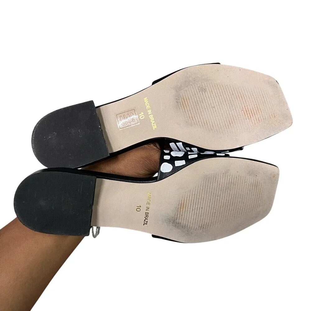ALEPEL Women's Black White Geometric Print Square Toe Slip On Mules Slides Sz 10